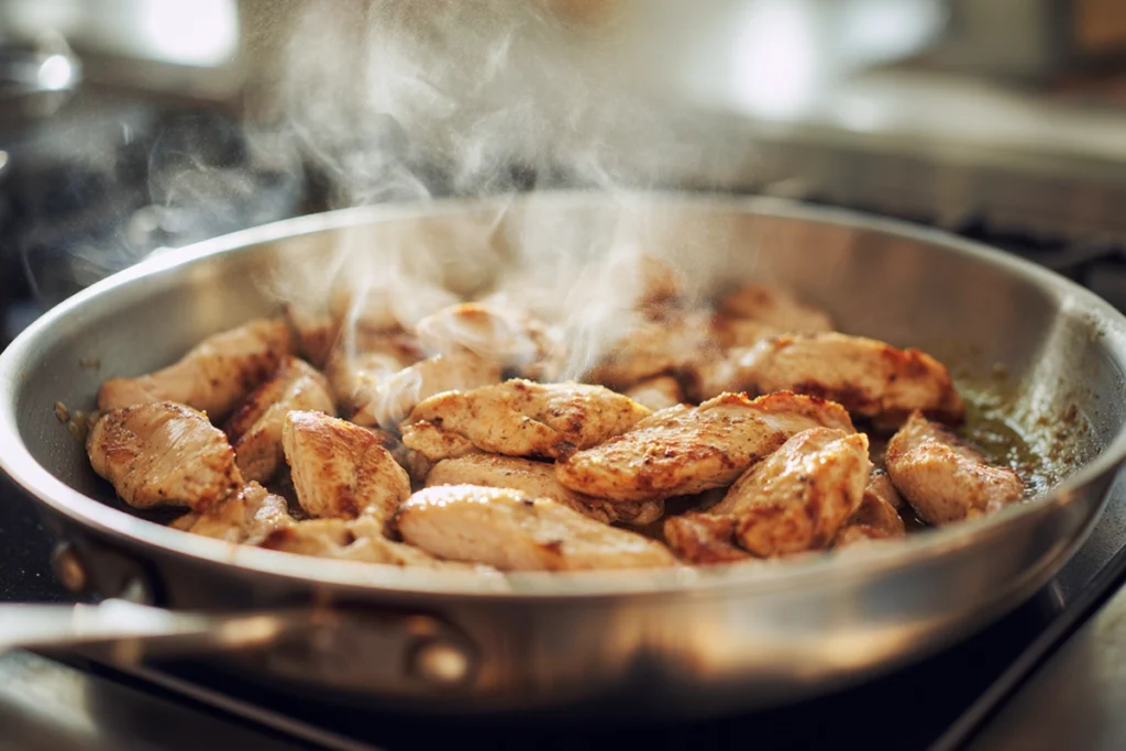 chicken searing in a pan for sticky garlic chicken noodles