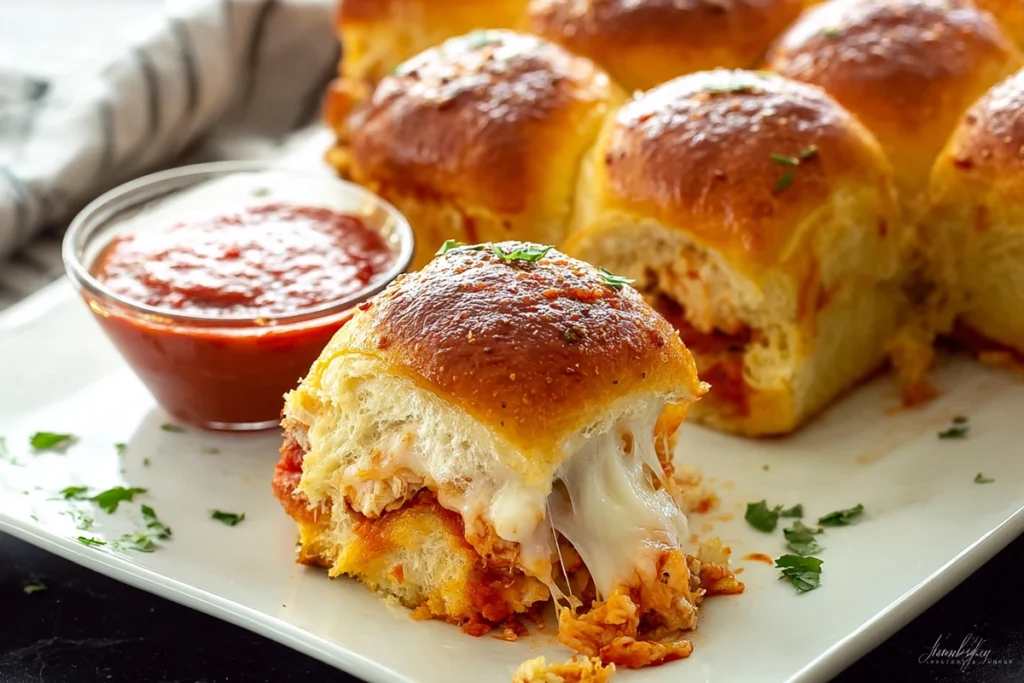 Serving chicken parmesan sliders warm with melted cheese and marinara