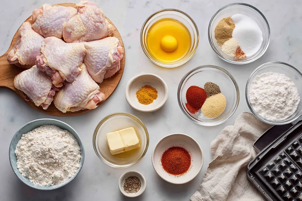Ingredients for southern fried chicken and waffles arranged overhead