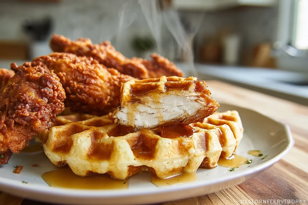 Southern fried chicken and waffles served hot and ready to eat