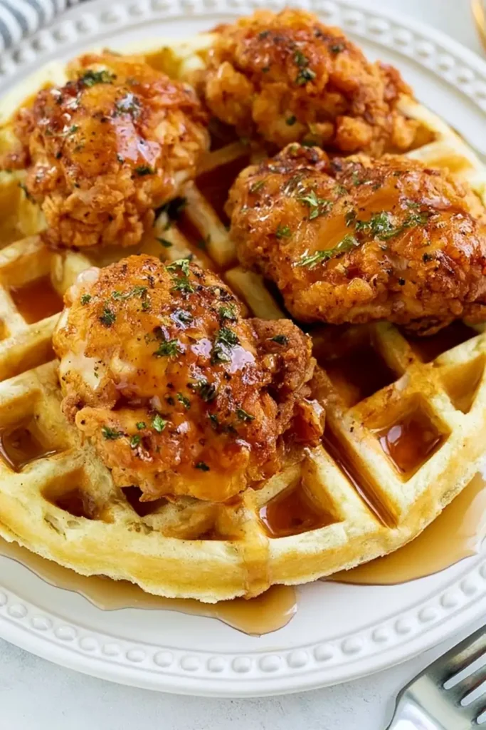 Southern Fried Chicken and Waffles with Maple Syrup 4 Reheated Southern Fried Chicken and Waffles served crisp with maple syrup and chives