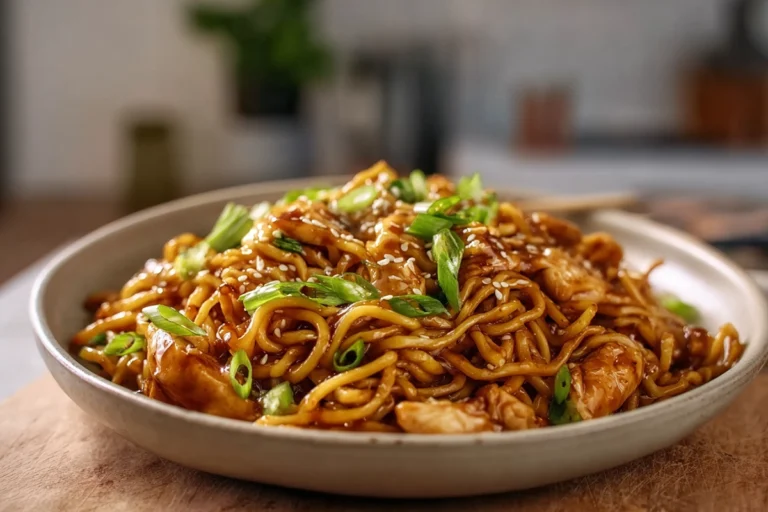 sticky garlic chicken noodles plated fresh in a cozy home kitchen