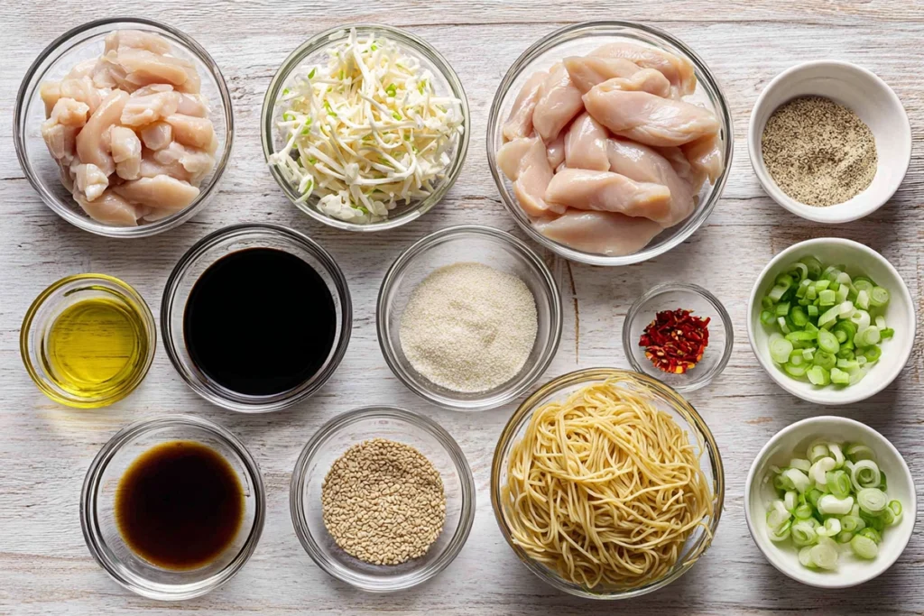 ingredients for sticky garlic chicken noodles arranged overhead