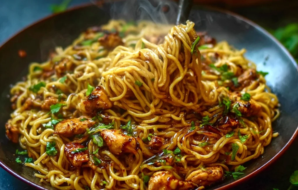 sticky garlic chicken noodles served hot and ready to eat