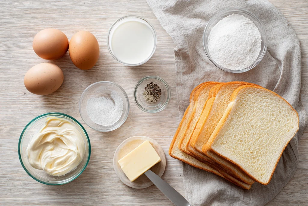 Ingredients for Japanese egg sandwich tamago sando arranged overhead on a clean kitchen surface