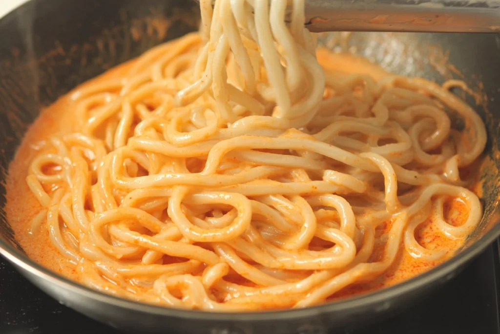 udon noodles tossed in creamy gochujang sauce on the stovetop