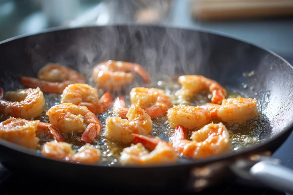 shrimp searing in a wok for yaki udon with shrimps