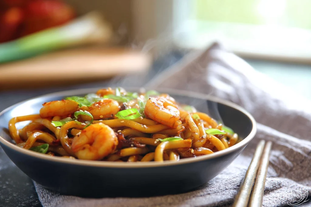 serving bowl of yaki udon with shrimps garnished with green onions and sesame