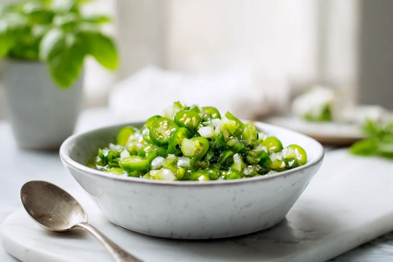 Bright, close-up photo of jalapeño relish in a bowl on a modern kitchen counter, showing glossy green texture under natural daylight.
