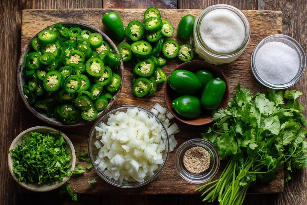 Homemade Jalapeño Relish Recipe: A Flavor-Packed Condiment You’ll Always Want in Your Fridge 8 Overhead shot of jalapeño relish ingredients including jalapeños, onions, vinegar, garlic, and sugar on a wooden board in natural light.