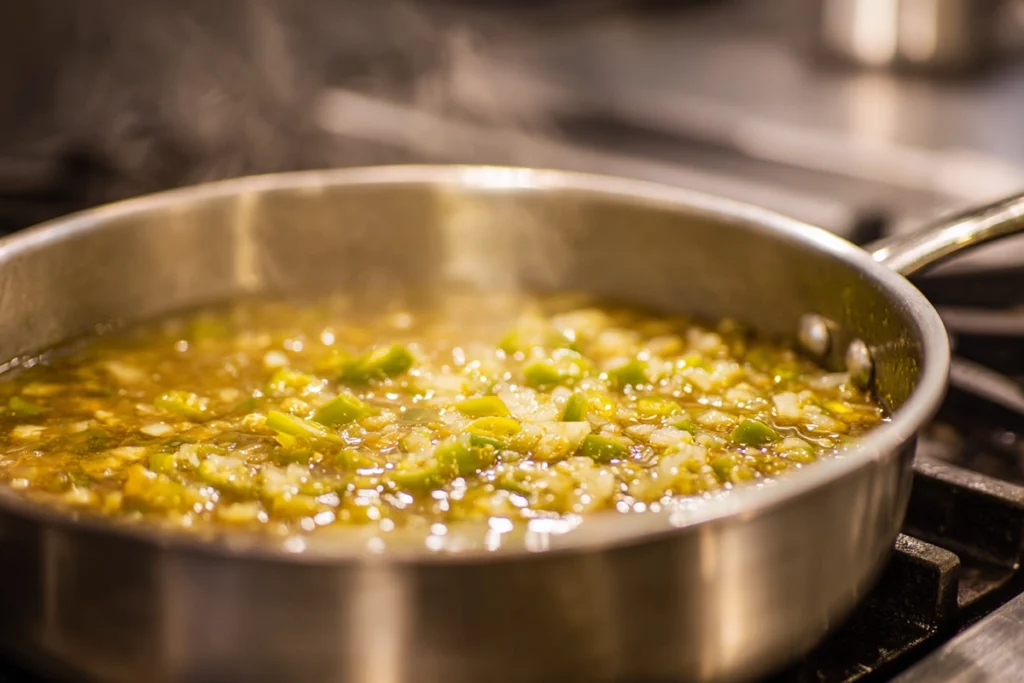 Homemade Jalapeño Relish Recipe: A Flavor-Packed Condiment You’ll Always Want in Your Fridge 9 Simmering jalapeño relish in a stainless steel saucepan with steam rising, shot in bright natural kitchen lighting.