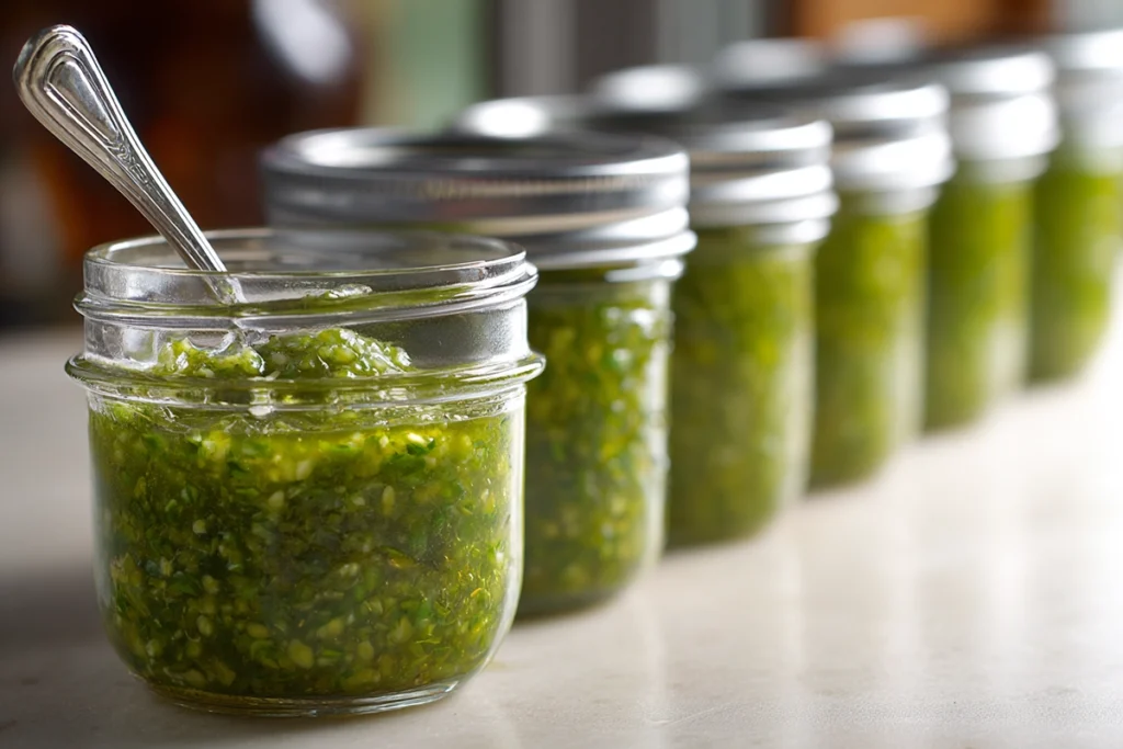 Homemade Jalapeño Relish Recipe: A Flavor-Packed Condiment You’ll Always Want in Your Fridge 10 Glass jars filled with homemade jalapeño relish on a marble countertop, one open with a spoon showing texture and freshness.