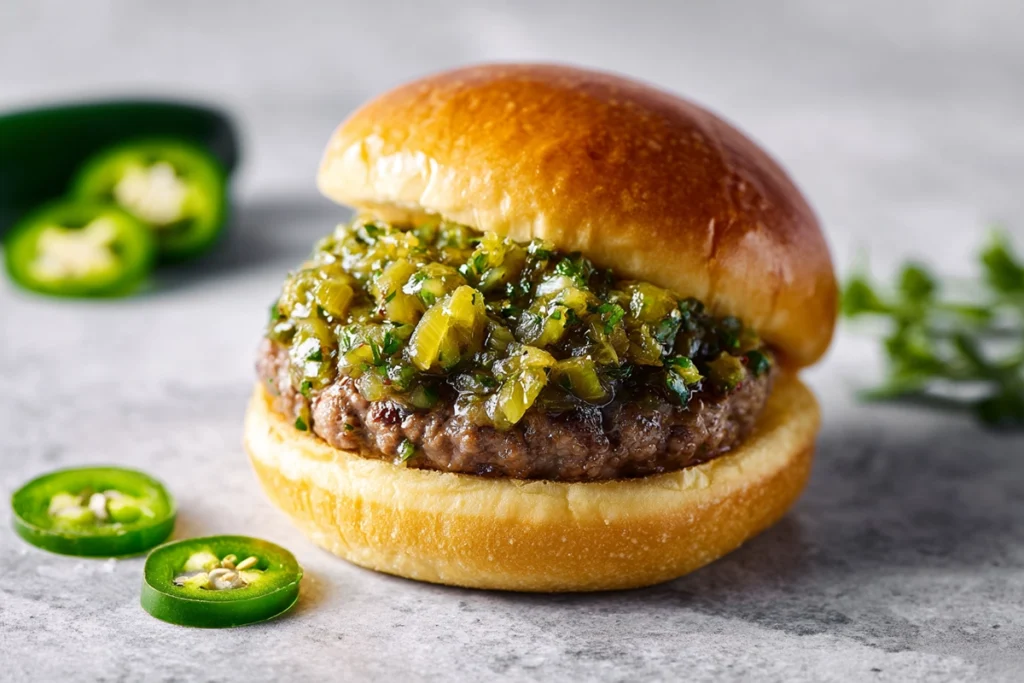 Homemade Jalapeño Relish Recipe: A Flavor-Packed Condiment You’ll Always Want in Your Fridge 11 Burger topped with fresh jalapeño relish on a white plate in a modern kitchen, with bright daylight and shallow focus.