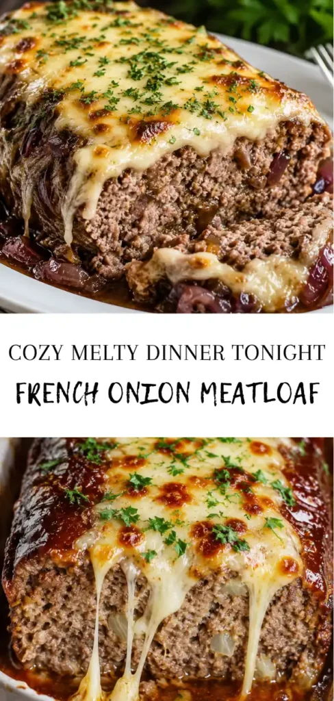 French Onion Meatloaf with Caramelized Onions and Gruyère 3 French onion meatloaf recipe with melted Gruyère cheese and caramelized onion sauce