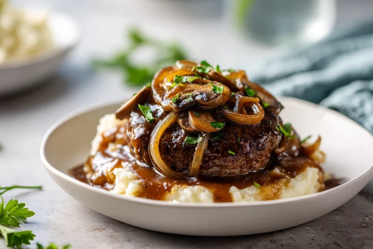 Close-up of Salisbury steak with mushroom gravy topped with fresh parsley in a modern kitchen, plated with mashed potatoes under bright natural light.