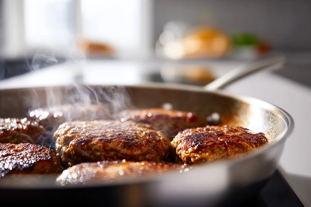 Salisbury Steak with Mushroom Gravy – A Classic Comfort Dish You’ll Keep Coming Back To 9 Salisbury steak patties browning in a skillet with natural light highlighting their seared texture in a modern kitchen.