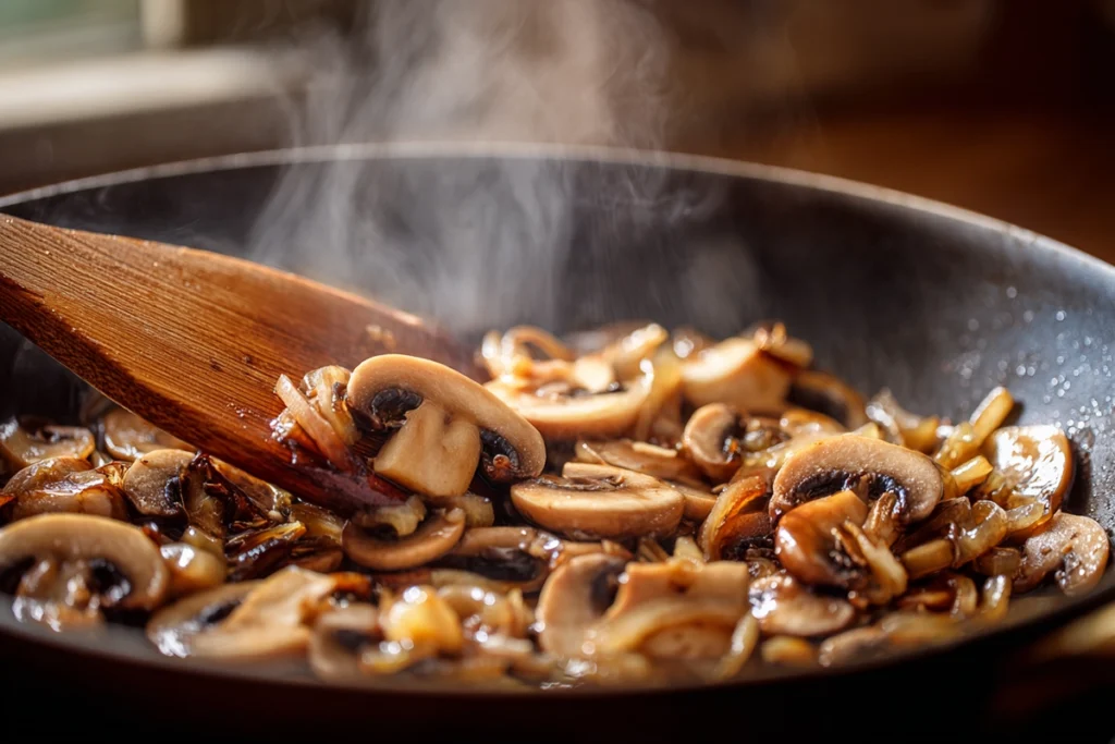 Salisbury Steak with Mushroom Gravy – A Classic Comfort Dish You’ll Keep Coming Back To 10 Sautéed mushrooms and onions cooking in a skillet for Salisbury steak with mushroom gravy, photographed in natural kitchen lighting.