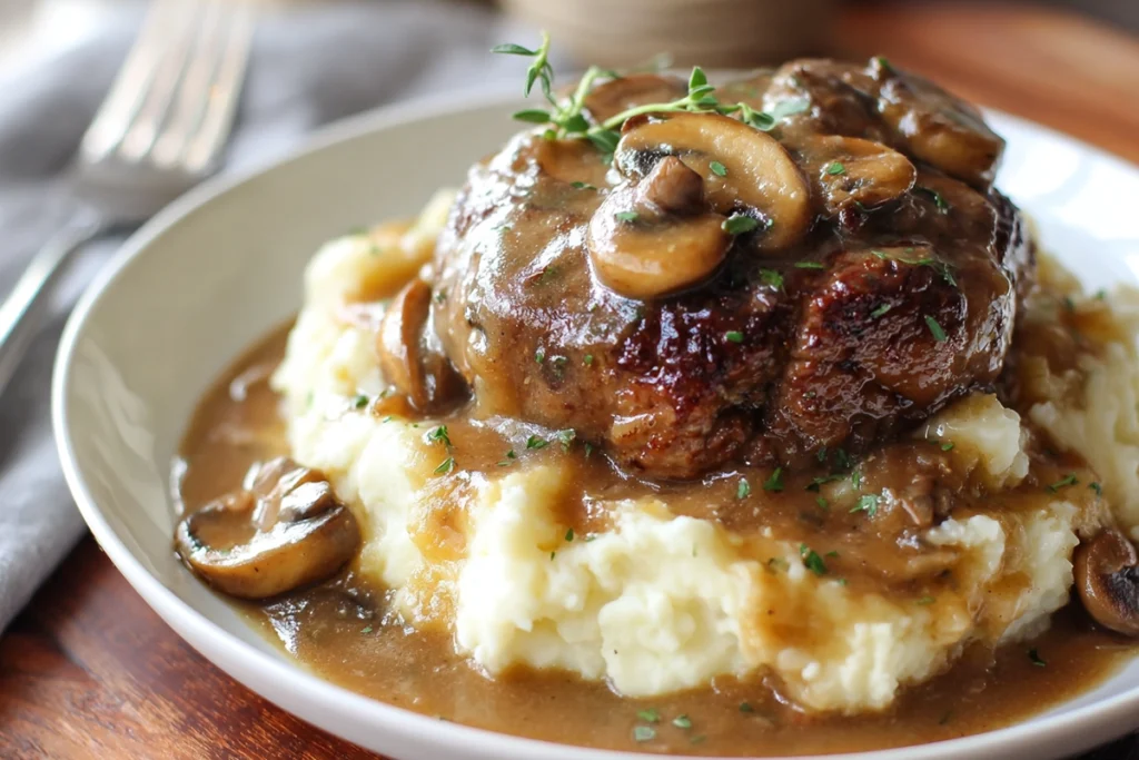 Salisbury Steak with Mushroom Gravy – A Classic Comfort Dish You’ll Keep Coming Back To 11 Salisbury steak with mushroom gravy served over mashed potatoes, garnished with herbs and spooned with warm sauce under natural daylight.
