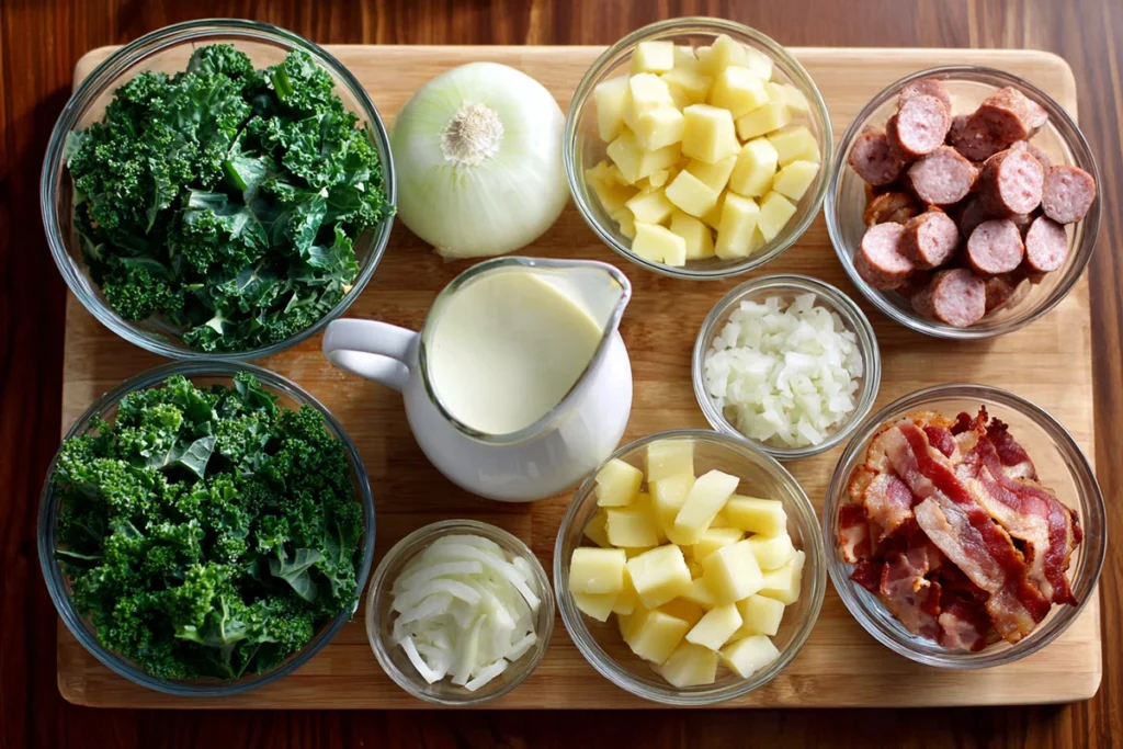 Zuppa Toscana Soup Recipe – A Cozy, Creamy Bowl of Italian Comfort 8 Overhead photo of Zuppa Toscana soup ingredients including sausage, potatoes, kale, bacon, and cream arranged on a wooden board.”