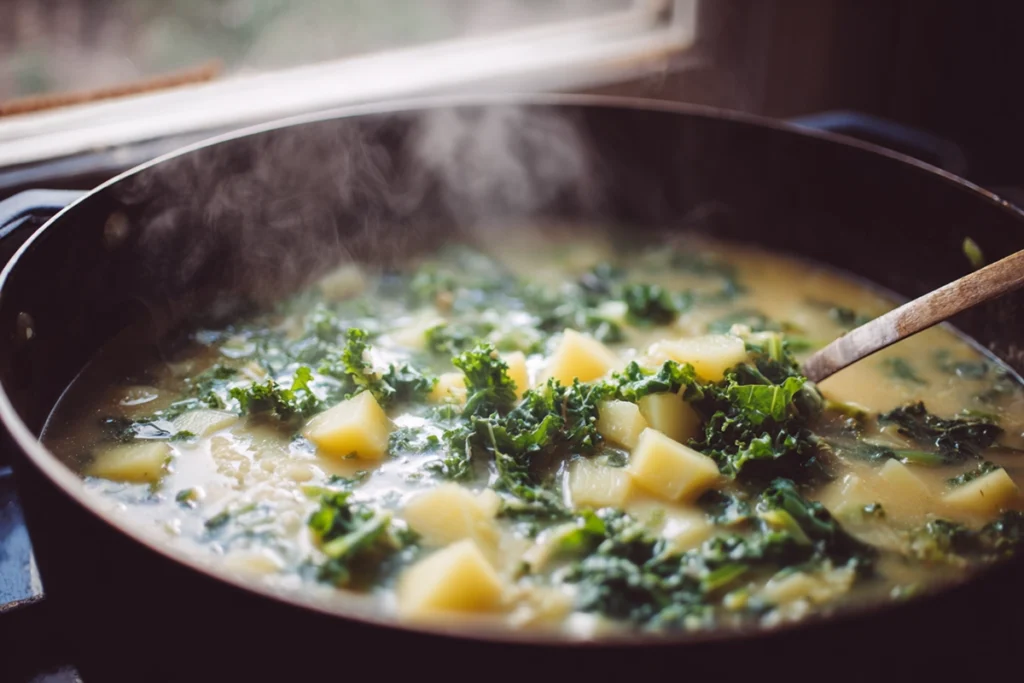 Zuppa Toscana Soup Recipe – A Cozy, Creamy Bowl of Italian Comfort 10 Zuppa Toscana soup simmering in a pot with potatoes, kale, and creamy broth, captured in natural daylight.”