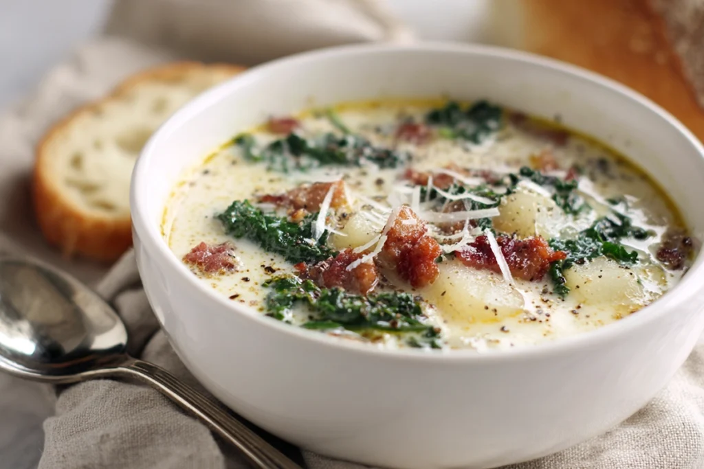 Zuppa Toscana Soup Recipe – A Cozy, Creamy Bowl of Italian Comfort 11 Close-up of creamy Zuppa Toscana soup recipe served with crusty bread, kale, potatoes, and bacon on a modern kitchen counter.”