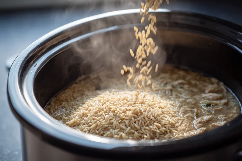 Slow Cooker Parmesan Herb Chicken Orzo – A Comforting One-Pot Dinner You’ll Crave 8 close-up of orzo being poured into creamy slow cooker parmesan herb chicken mixture