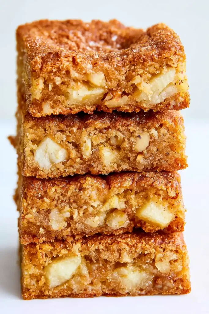 Chewy Apple Brownies with Cinnamon and Walnuts 2 Chewy apple brownies with visible apple chunks and walnuts on a wooden board