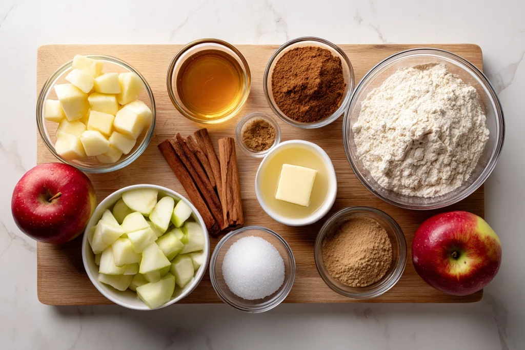 Irresistible Apple Brownies: The Cozy Dessert You Didn’t Know You Needed 8 overhead shot of apple brownies ingredients in glass bowls on wooden board