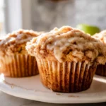 Apple Cinnamon Streusel Muffins That Taste Like a Cozy Fall Morning 7 freshly baked apple cinnamon streusel muffins on a white plate in natural kitchen light