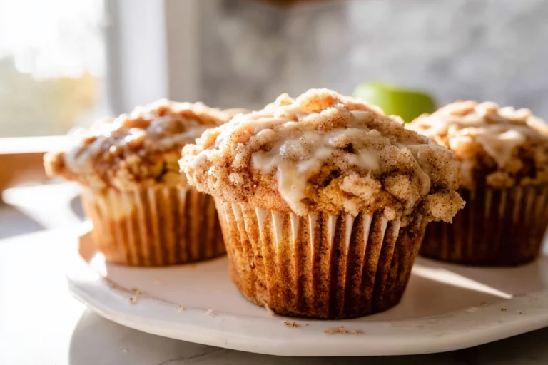 freshly baked apple cinnamon streusel muffins on a white plate in natural kitchen light