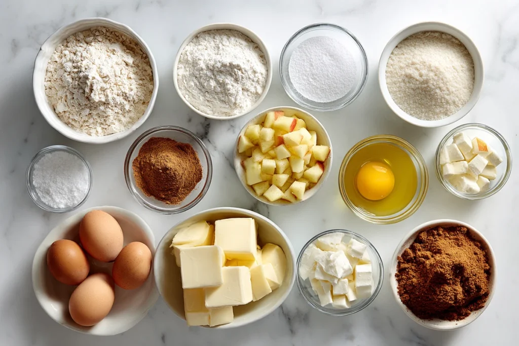 Ingredients for apple cinnamon streusel muffins arranged on a marble counter
