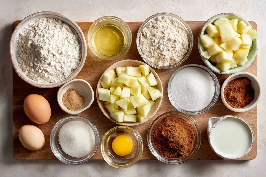 Apple Cinnamon Streusel Muffins That Taste Like a Cozy Fall Morning 8 overhead shot of apple cinnamon streusel muffin ingredients arranged in bowls on a wooden board