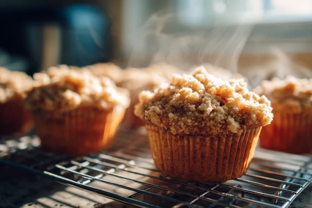 Apple cinnamon streusel muffins cooling on a rack in a home kitchen

