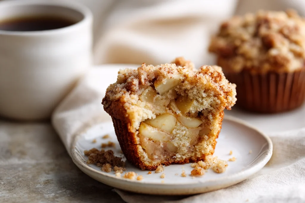 Apple Cinnamon Streusel Muffins That Taste Like a Cozy Fall Morning 11 close-up of sliced apple cinnamon streusel muffin showing moist crumb and apple chunks
