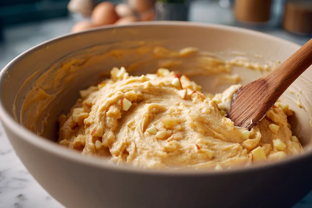 Thick batter for apple cinnamon streusel muffins with apples folded in
