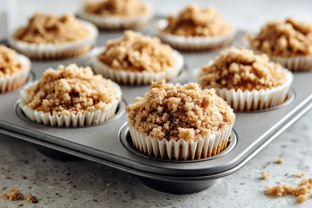 Apple cinnamon streusel muffins topped with crumb topping before baking
