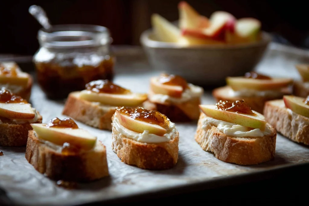 Brie Apple Fig Crostini – The Sweet & Savory Bite Everyone Will Love 9 assembling brie apple fig crostini with melted brie and fig jam on toasted bread