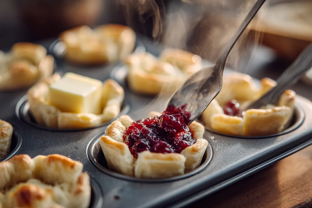 Irresistible Cranberry Brie Bites – The Perfect Holiday Appetizer 9 step-by-step process of filling puff pastry cups with brie and cranberry sauce