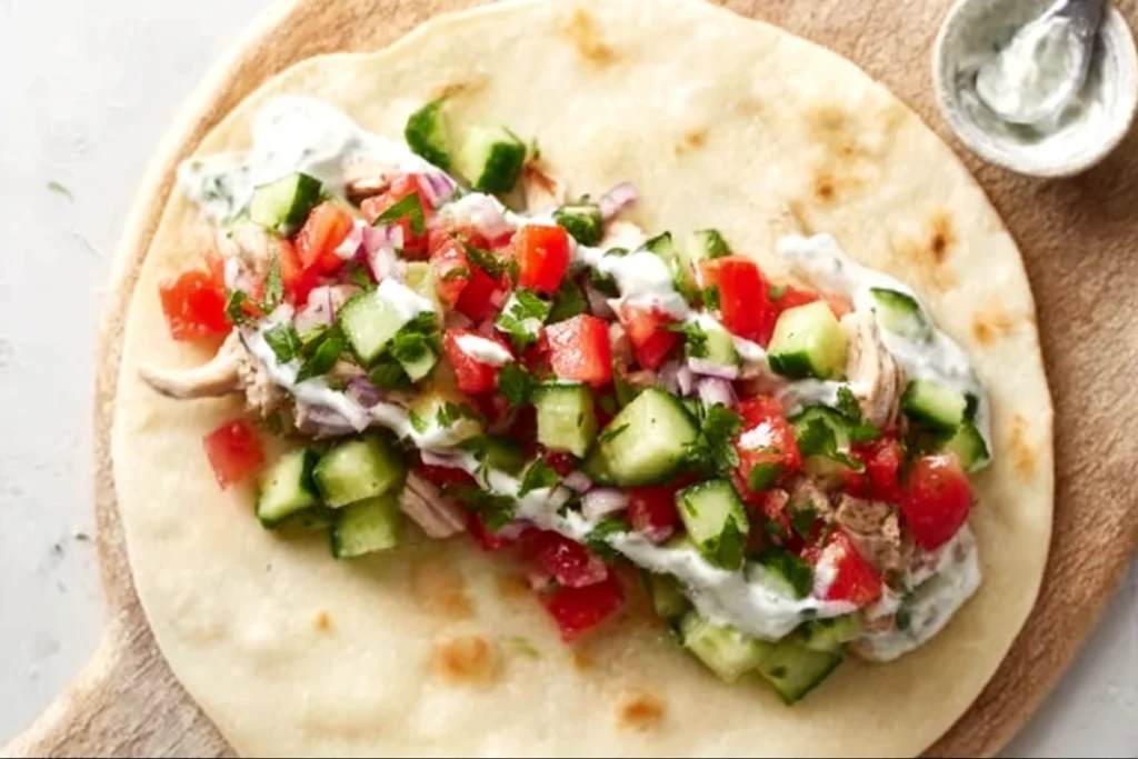 Mediterranean Chicken Gyros being assembled with chicken, vegetables, and tzatziki sauce on pita