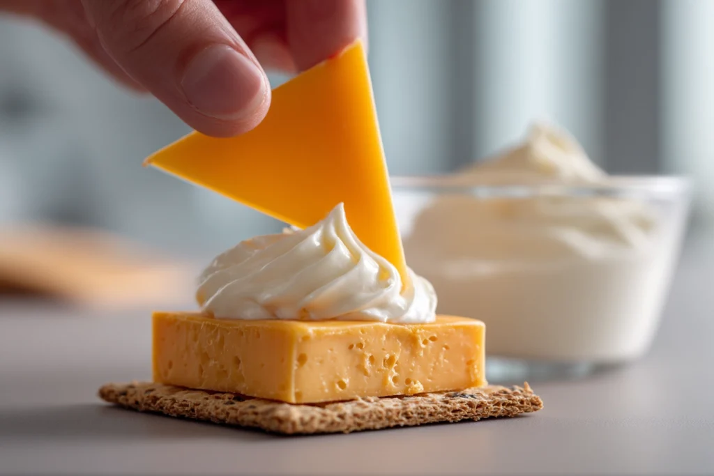 Irresistible Mini Cheese Cracker Pumpkin Pies – A Fun Fall Snack You’ll Love 9 Step-by-step image showing assembly of mini cheese cracker pumpkin pies with cheddar and crackers