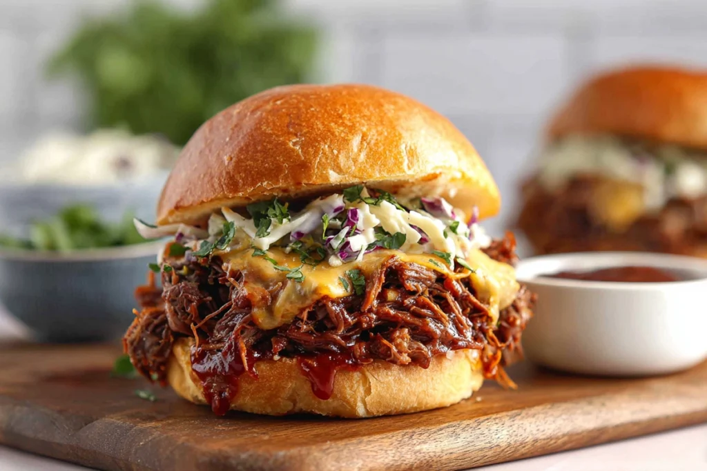assembling a pulled beef sandwich with melted cheese and fresh coleslaw on toasted buns