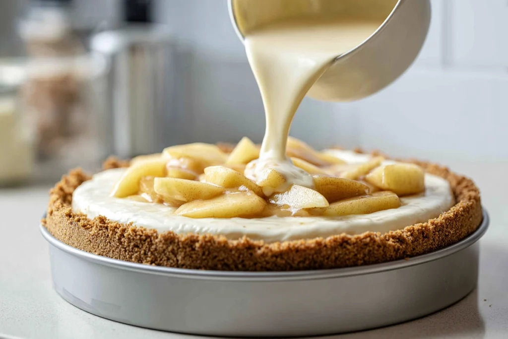 Salted Caramel Apple Pie Cheesecake – The Fall Dessert Everyone’s Talking About 10 layering cheesecake filling and apple topping in pan for salted caramel apple pie cheesecake