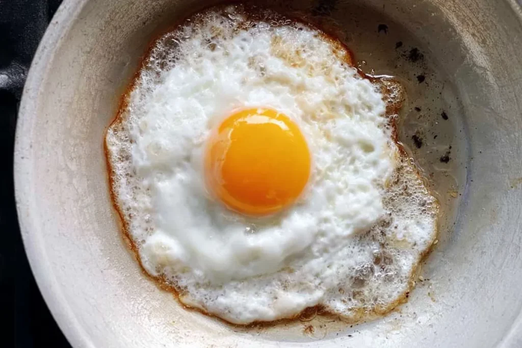 Authentic Loco Moco with Mushroom Gravy and Fried Egg 9 Sunny-side-up egg frying for authentic loco moco
