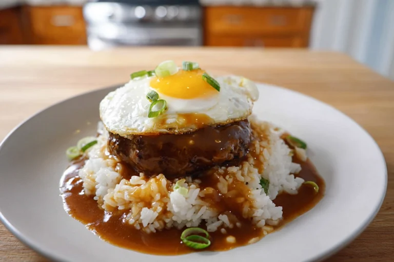 authentic loco moco served with rice beef patty gravy and egg on a modern plate
