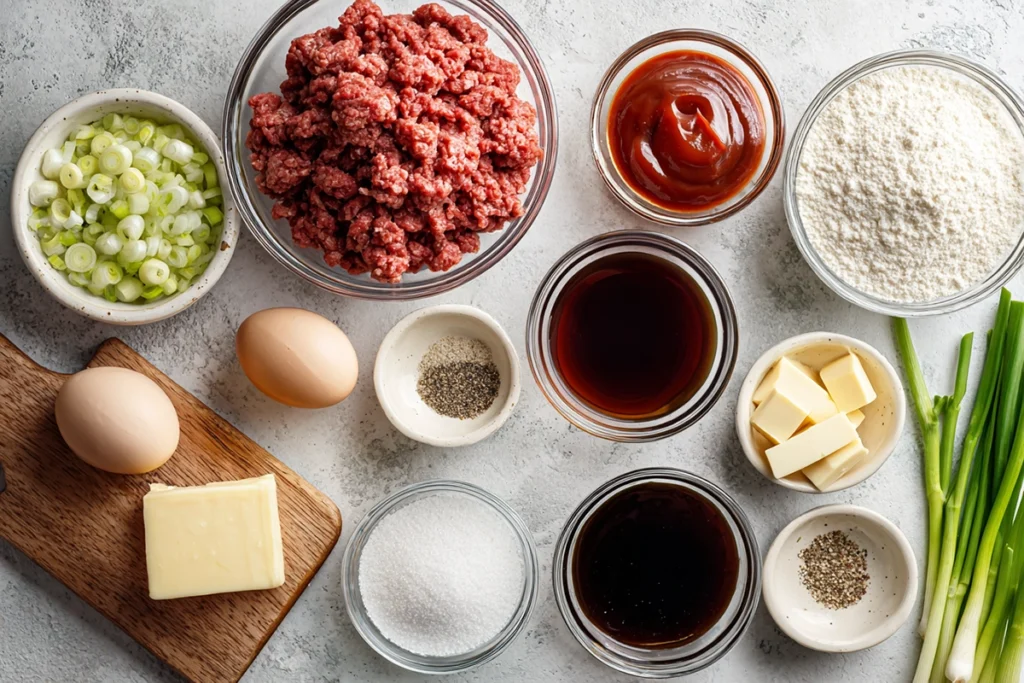 ingredients for authentic loco moco arranged neatly on a kitchen counter