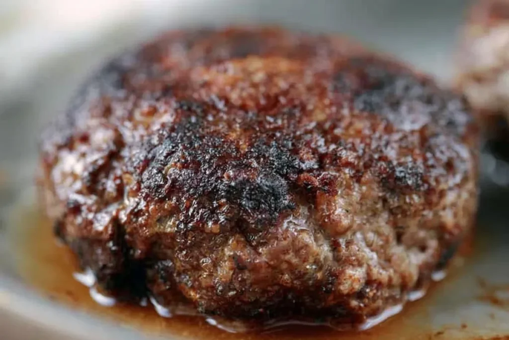 Authentic Loco Moco with Mushroom Gravy and Fried Egg 8 Authentic loco moco beef patties browning in a frying pan