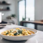 photorealistic bowl of autumn tortellini soup with cheese tortellini, spinach, and sage in a creamy broth
