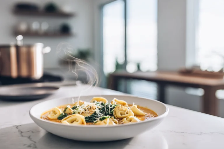photorealistic bowl of autumn tortellini soup with cheese tortellini, spinach, and sage in a creamy broth