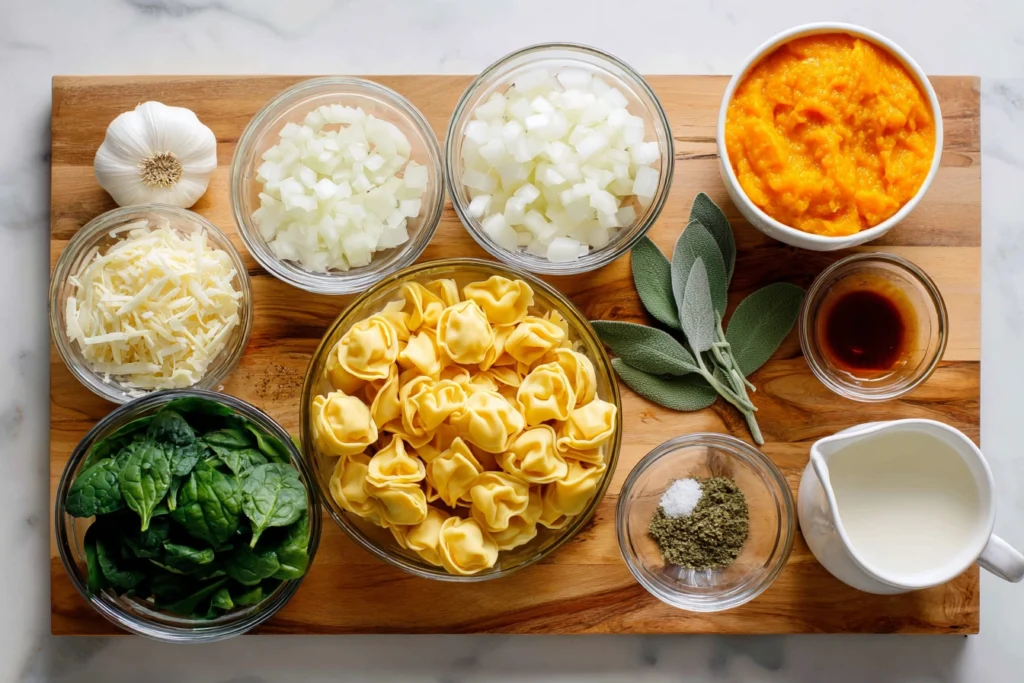 overhead shot of ingredients for autumn tortellini soup including squash, spinach, garlic, cheese tortellini, and cream