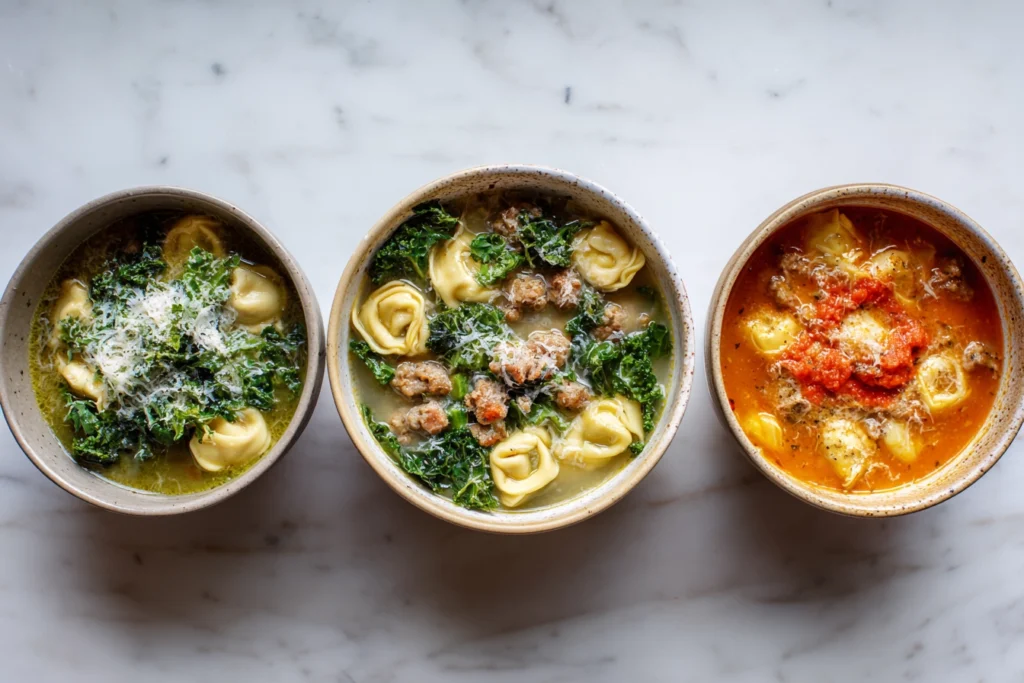 overhead image showing variations of autumn tortellini soup with sausage, kale, and tomato drizzle